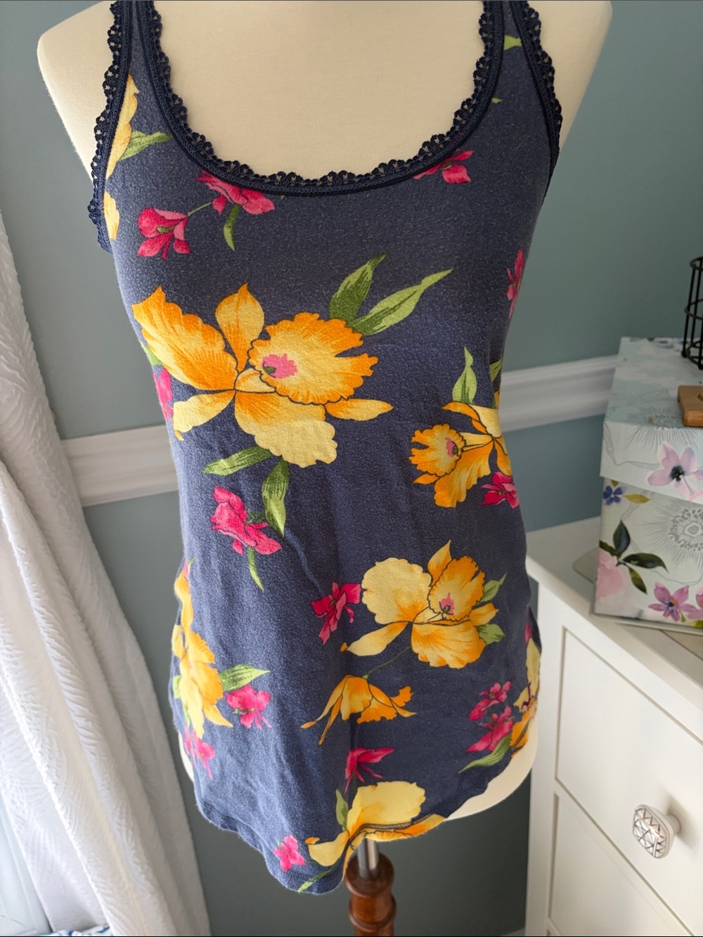 Hollister Navy Floral Lace-Trim Camisole with Yellow & Pink Blooms
